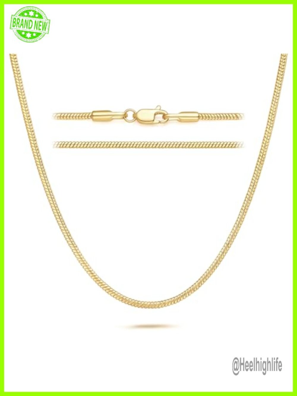 14k Gold Plated Snake Chain Necklace 1.5mm 18in Lobster Clasp